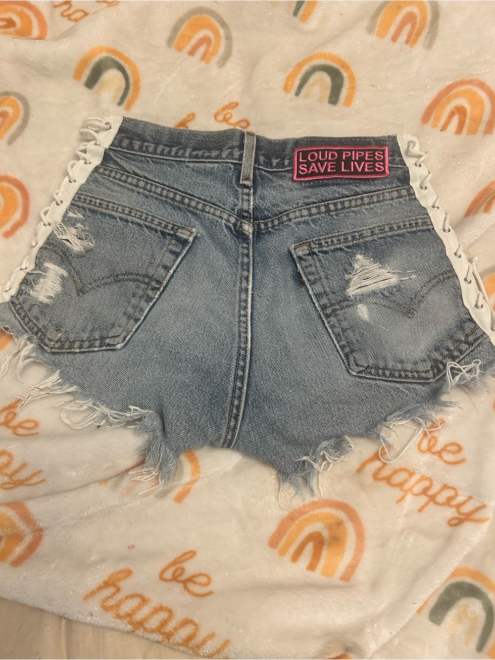 Furst of a Kind High-Rise Distressed Denim Shorts with Lace-Up Sides - Light Blu